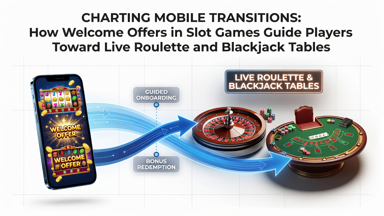 Illustratie van mobiele slotspellen die overgaan naar live dealer tafels via welkomstbonussen