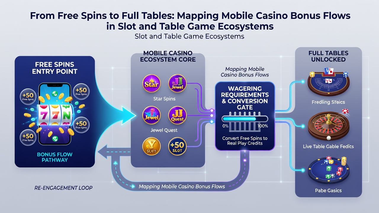 Diagram van bonusovergangen in mobiele casino apps van slots naar tafelspellen