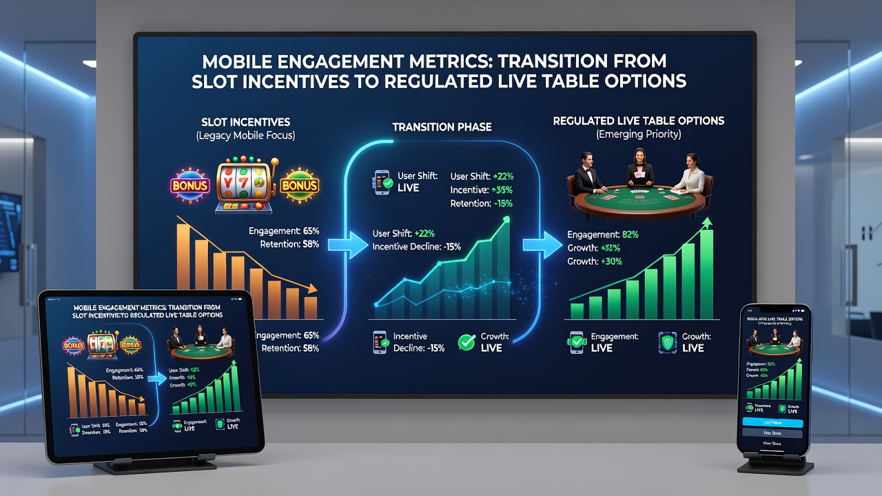 Grafieken en dashboards met mobiele engagement data die de verschuiving van slots naar live spellen illustreren