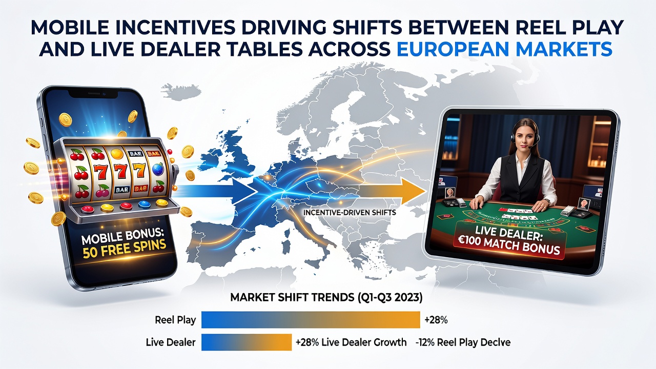 Mobiele app interfaces tonen overgangen van slots naar live dealer tafels met bonusincentives in Europese markten
