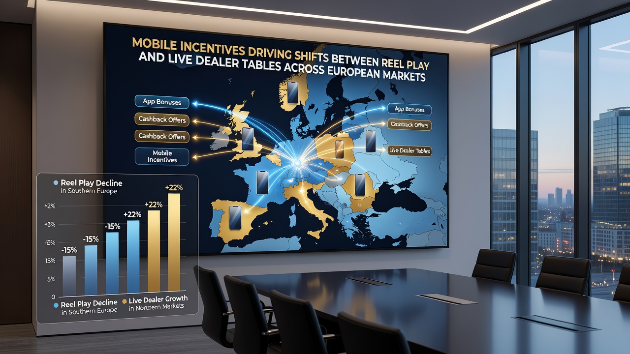 Analyse dashboards tonen data over mobiele spelers die verschuiven tussen slots en live dealer games in Europa