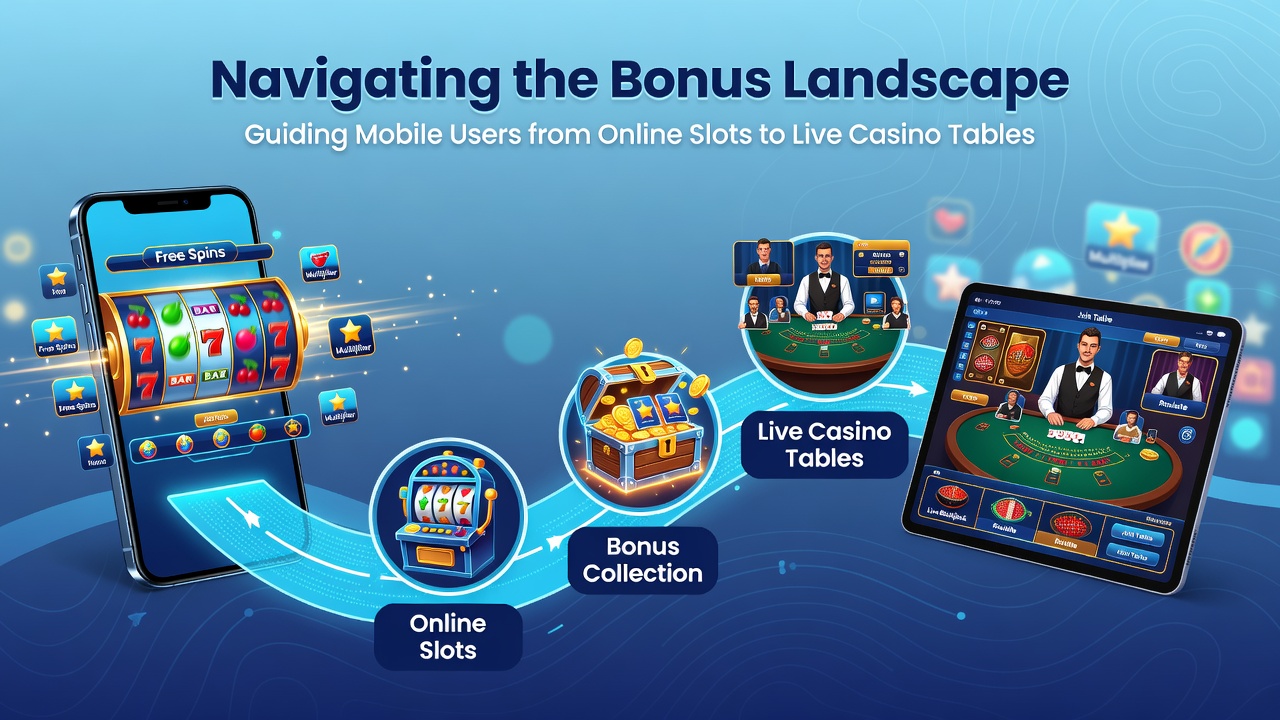 Live casino tafel met mobiele interface die bonusovergangen toont van slots naar roulette en blackjack