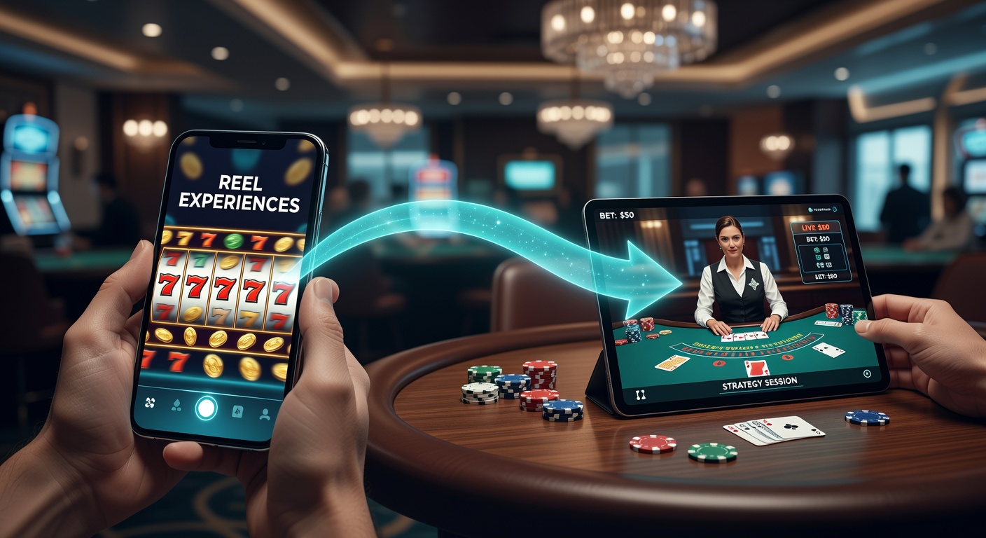 Mobiele app scherm met overgang van slots naar live dealer tafels op handheld device