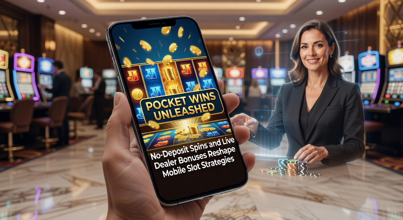 Mobiele slotschermen met draaiende rollen en live dealer tafels op een smartphone, illustrerend de opkomst van no-deposit spins en bonussen in Pocket Wins