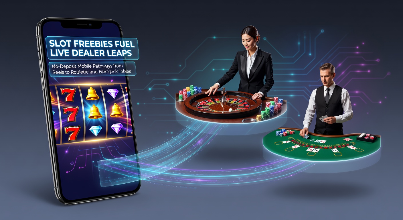 Mobiele gokkast met gratis spins die leiden naar live roulette en blackjack tafels op een smartphone-scherm