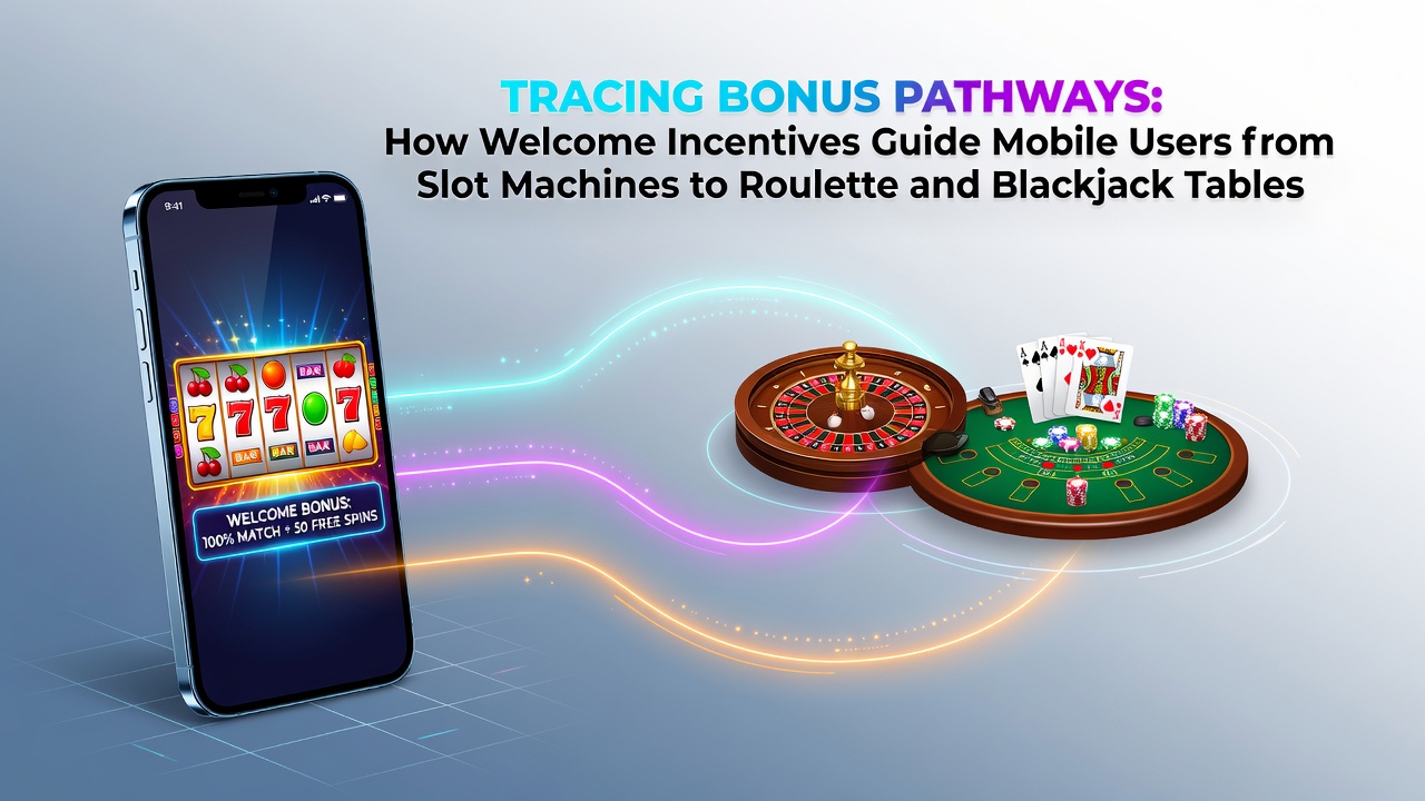 Mobiele casino app interface met slots en live tafelspellen die bonusroutes illustreren