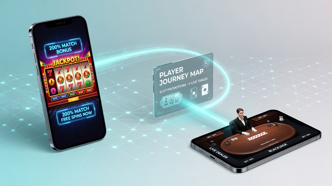 Grafiek die spelersstromen van slotbonussen naar live dealer tafels in mobiele apps weergeeft